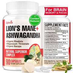 Capsules of Ashwagandha and Lion's Mane with bottle front view