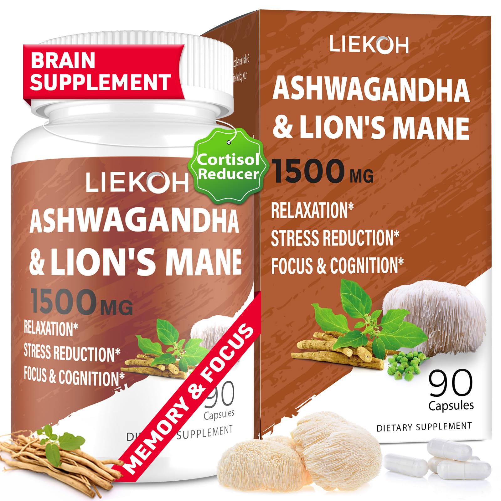 Bottle of Ashwagandha & Lions Mane Supplement Capsules