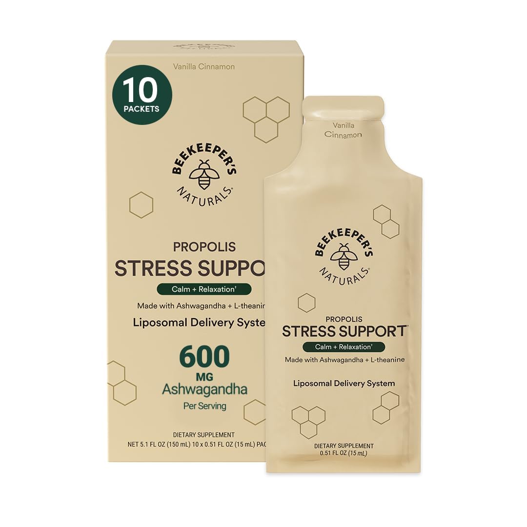 Beekeeper's Naturals Ashwagandha Liposomal Stress Support bottle on the counter