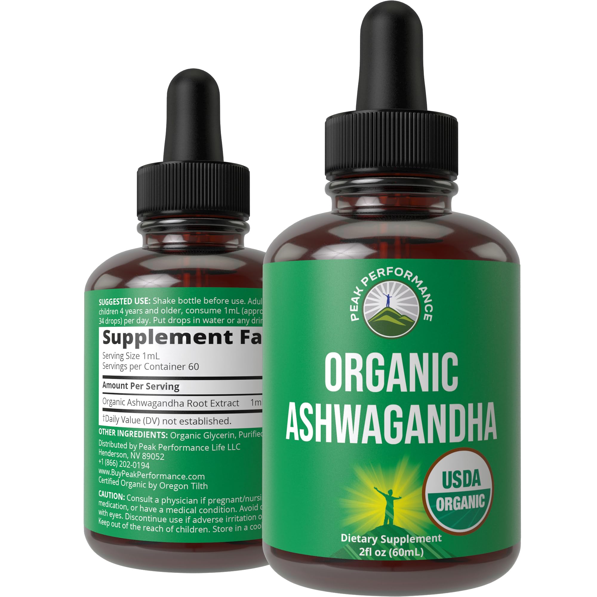 Bottle of Ashwagandha Liquid Drops with USDA Organic label