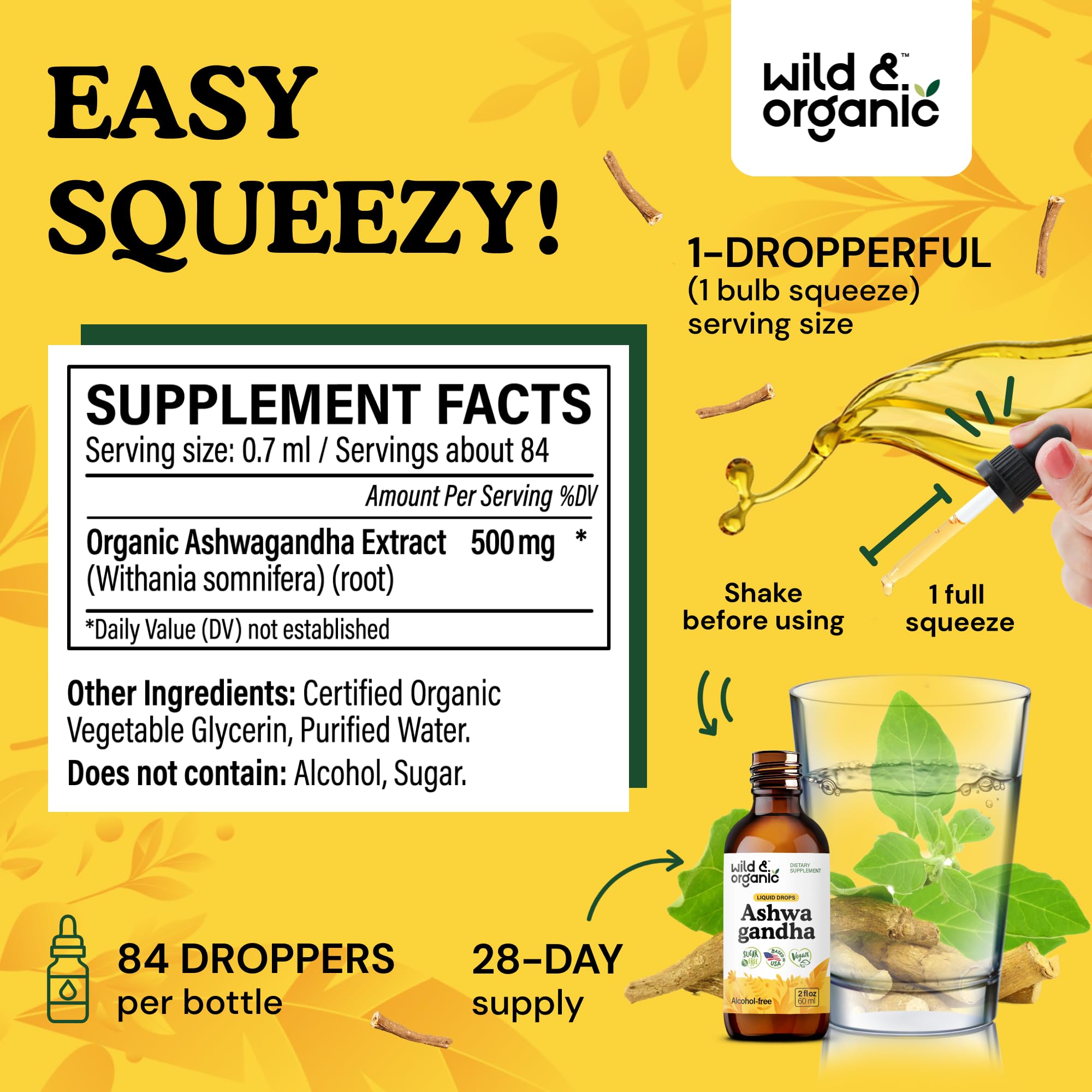 Ashwagandha dropper bottle label showing vegan and GMO-free ingredients