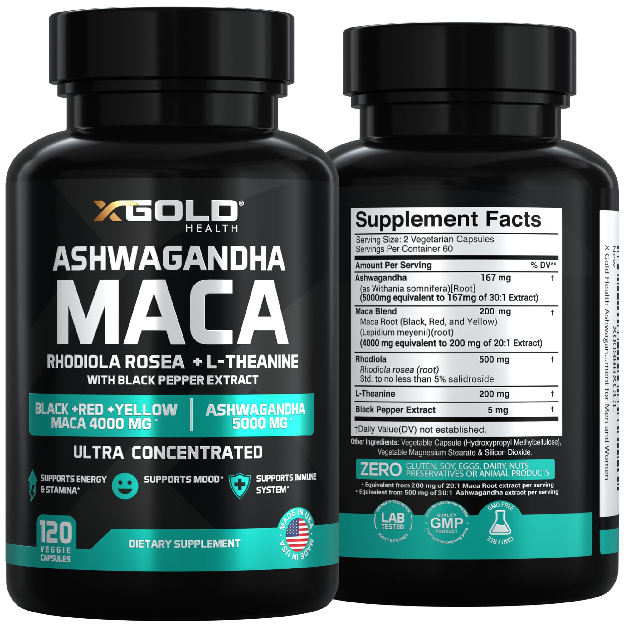 Close-up of Ashwagandha–Maca 4-in-1 capsules highlighting potency