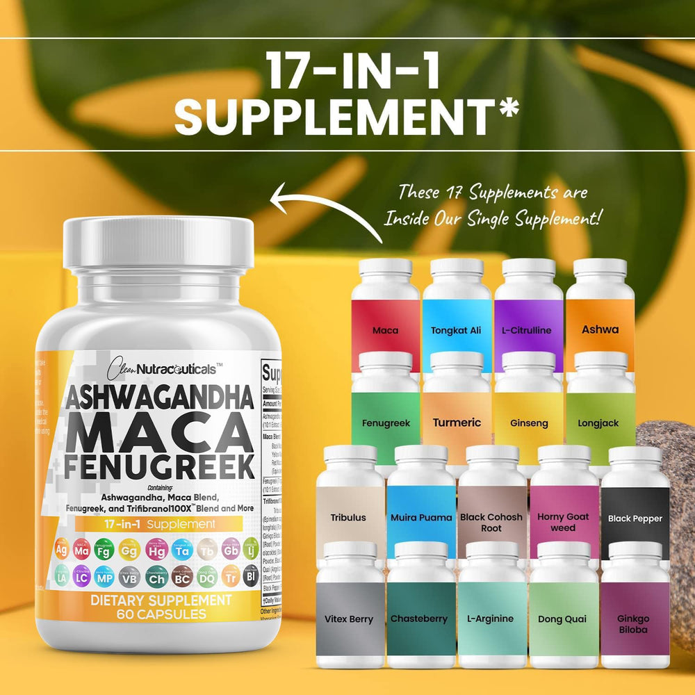 Ashwagandha, Maca, and Fenugreek capsules in a 1-pack layout