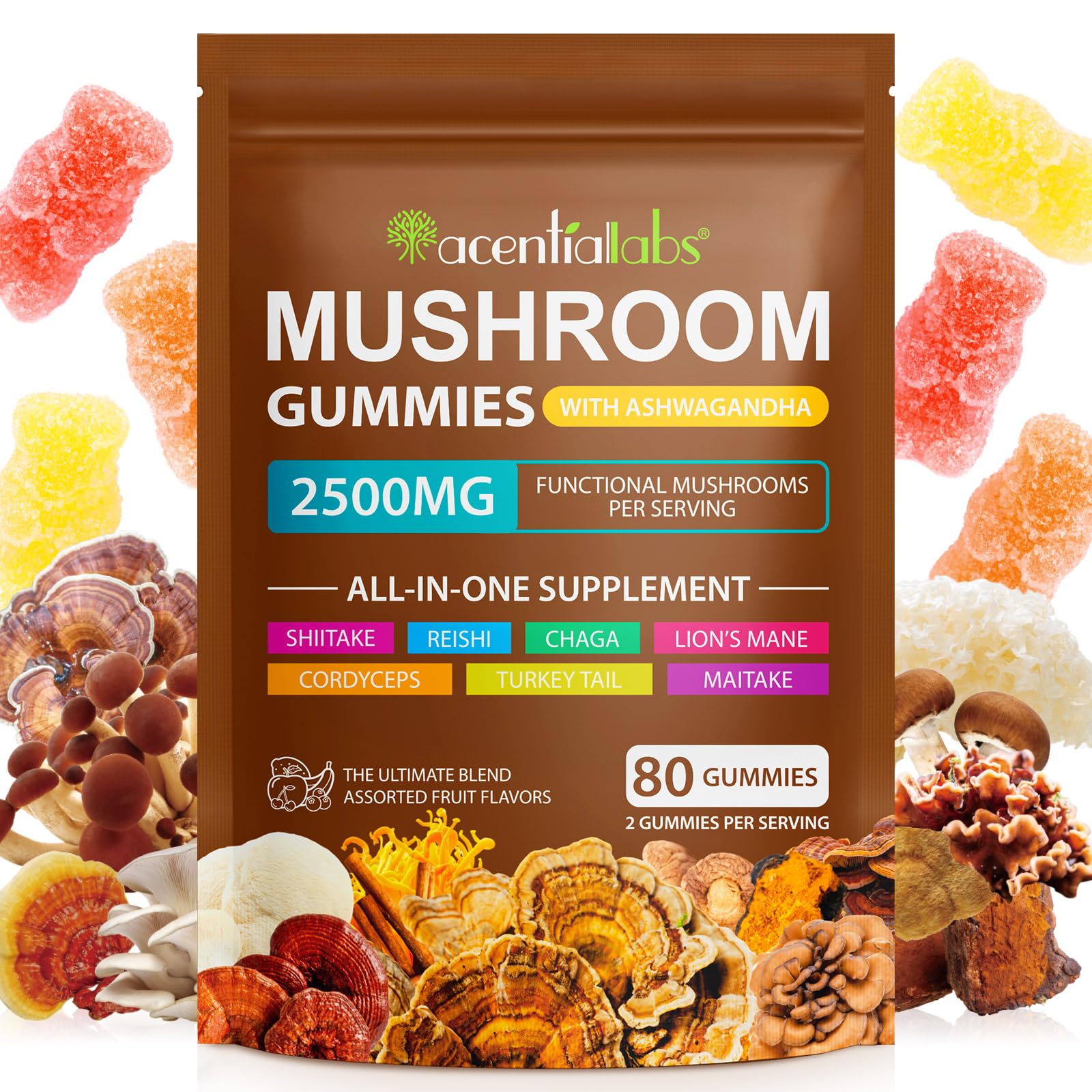 Front view of Ashwagandha Mushroom Gummies Berry flavor 80 count