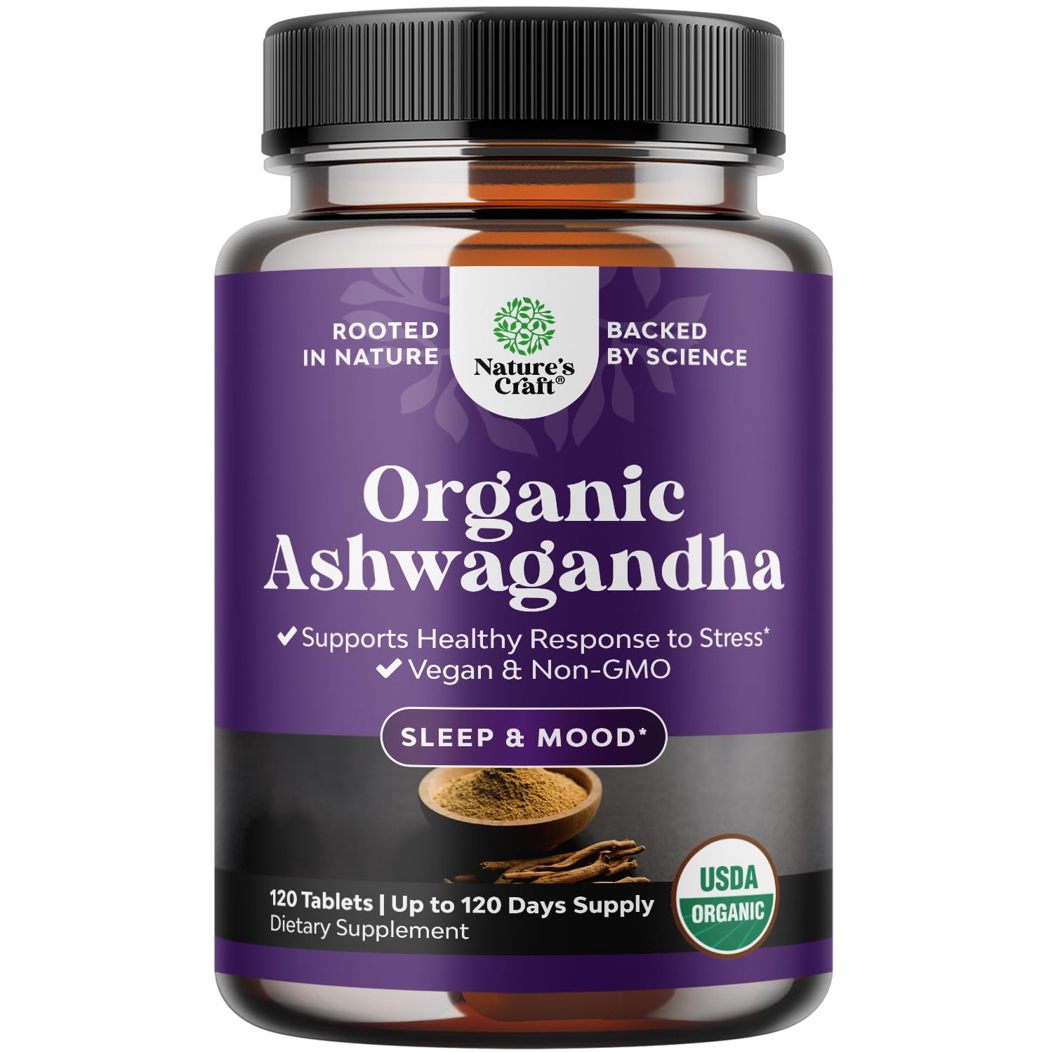 Organic Ashwagandha root tablets bottle label