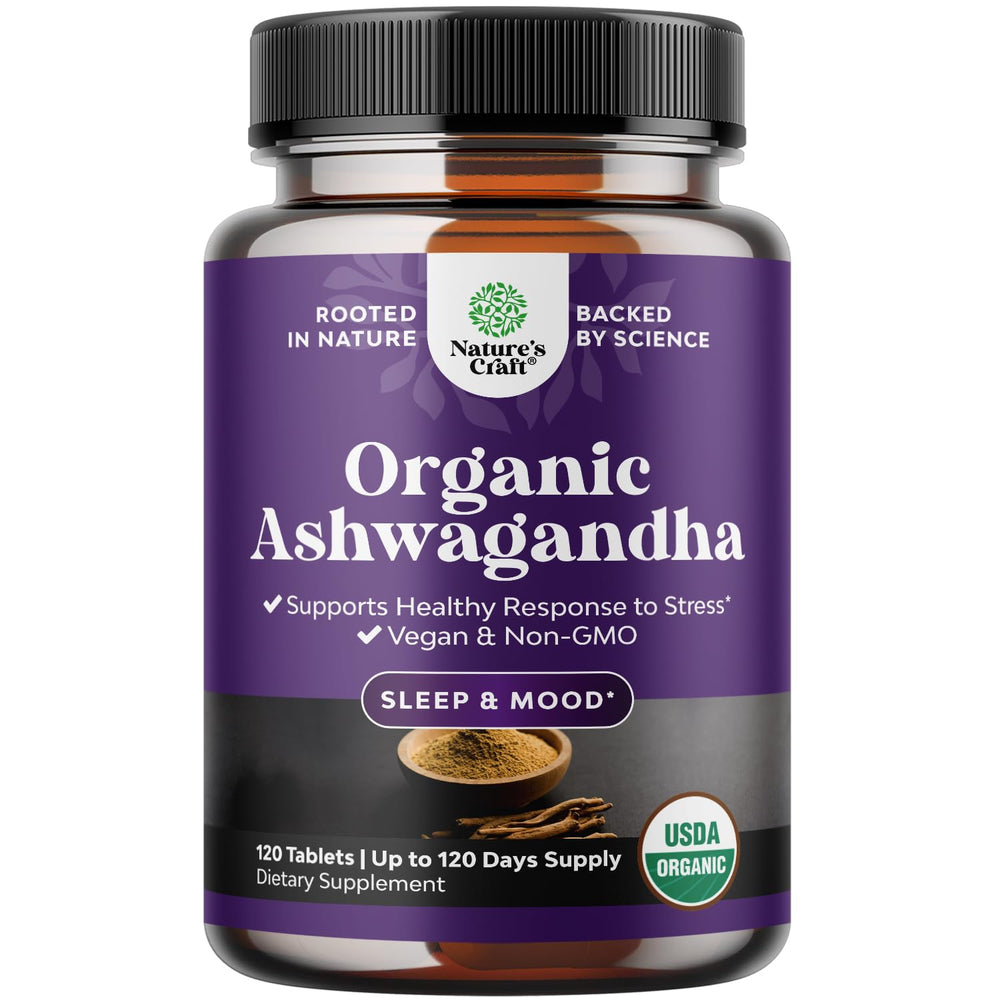 Organic Ashwagandha root tablets bottle label