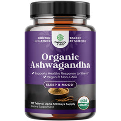Organic Ashwagandha root tablets bottle label
