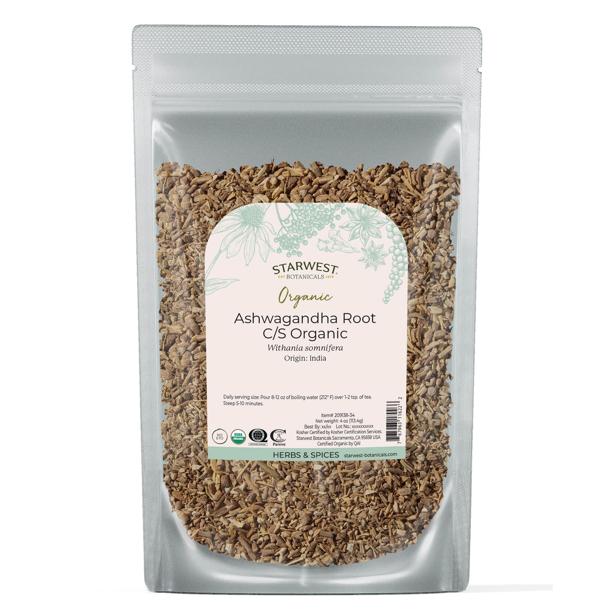 Organic Ashwagandha Root cut and sifted in a 4 oz pouch