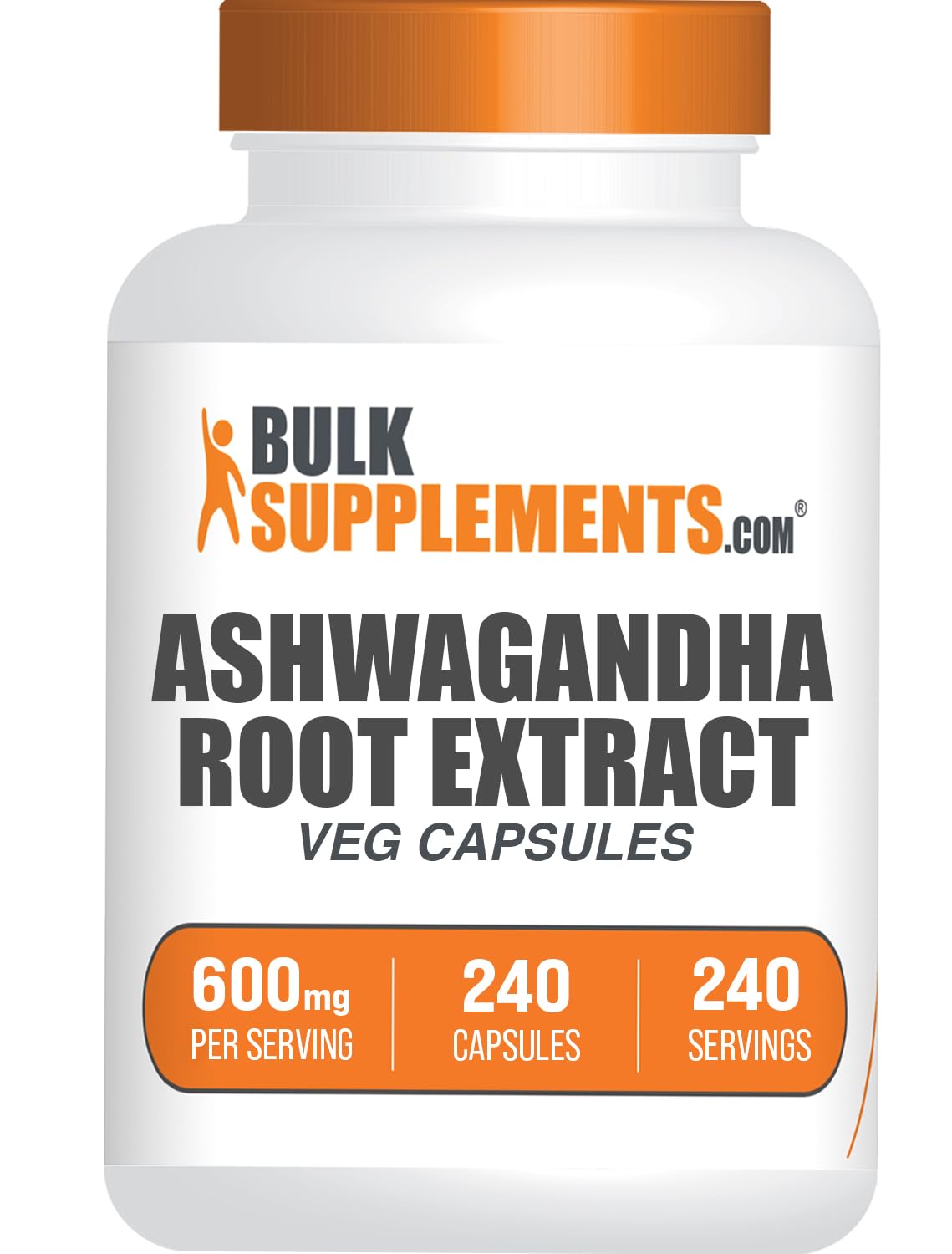 Ashwagandha root extract capsules bottle showing 600 mg per capsule, 240 vegan capsules