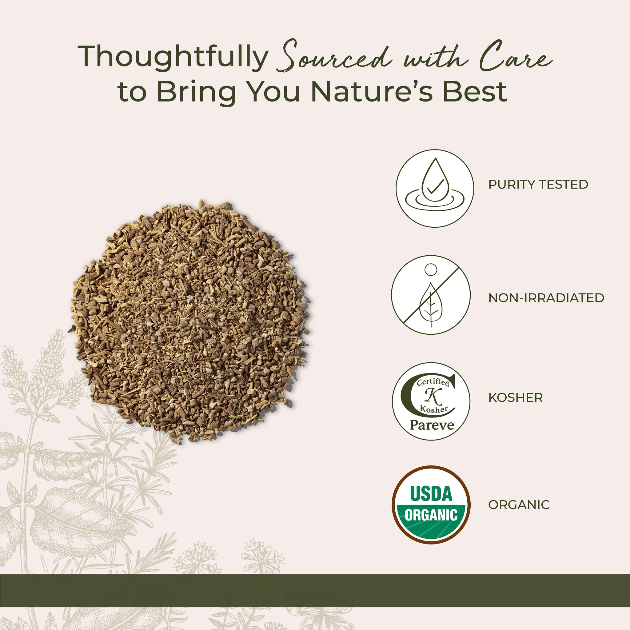 USDA Organic, Kosher and Non-GMO seals on Ashwagandha packaging