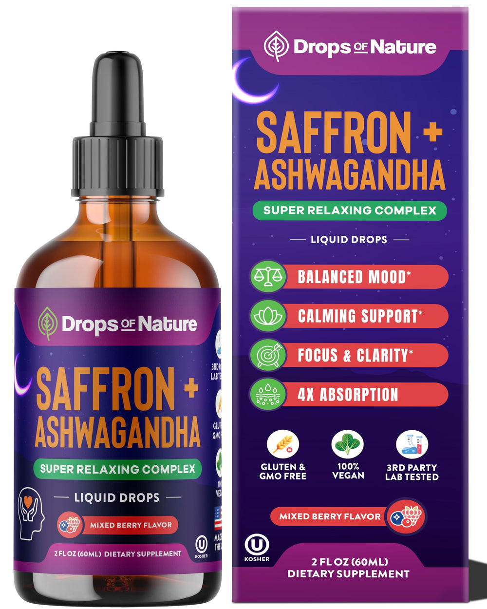 Ashwagandha saffron liquid drops bottle with berry flavor label