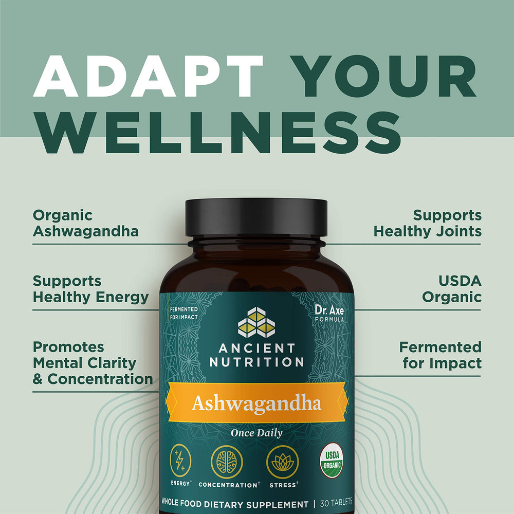 Label showing vegan, gluten-free, non-GMO and organic on Ashwagandha tablets