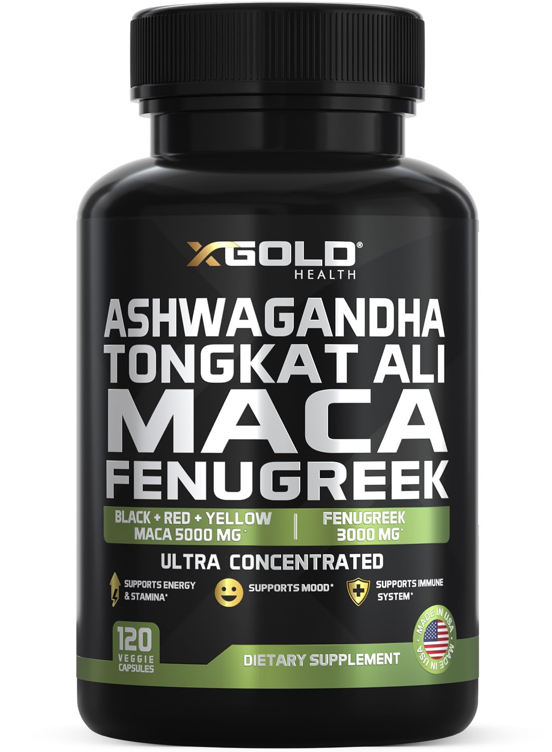 Bottle of Ashwagandha 5000mg + Tongkat Ali 1000mg + Maca Root 5000mg + Fenugreek 3000mg supplement