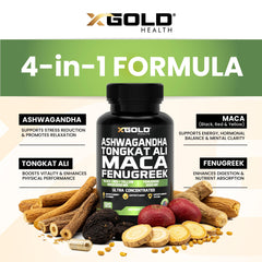 Packaging for USA-made herbal supplement with Ashwagandha, Maca, Tongkat Ali, Fenugreek