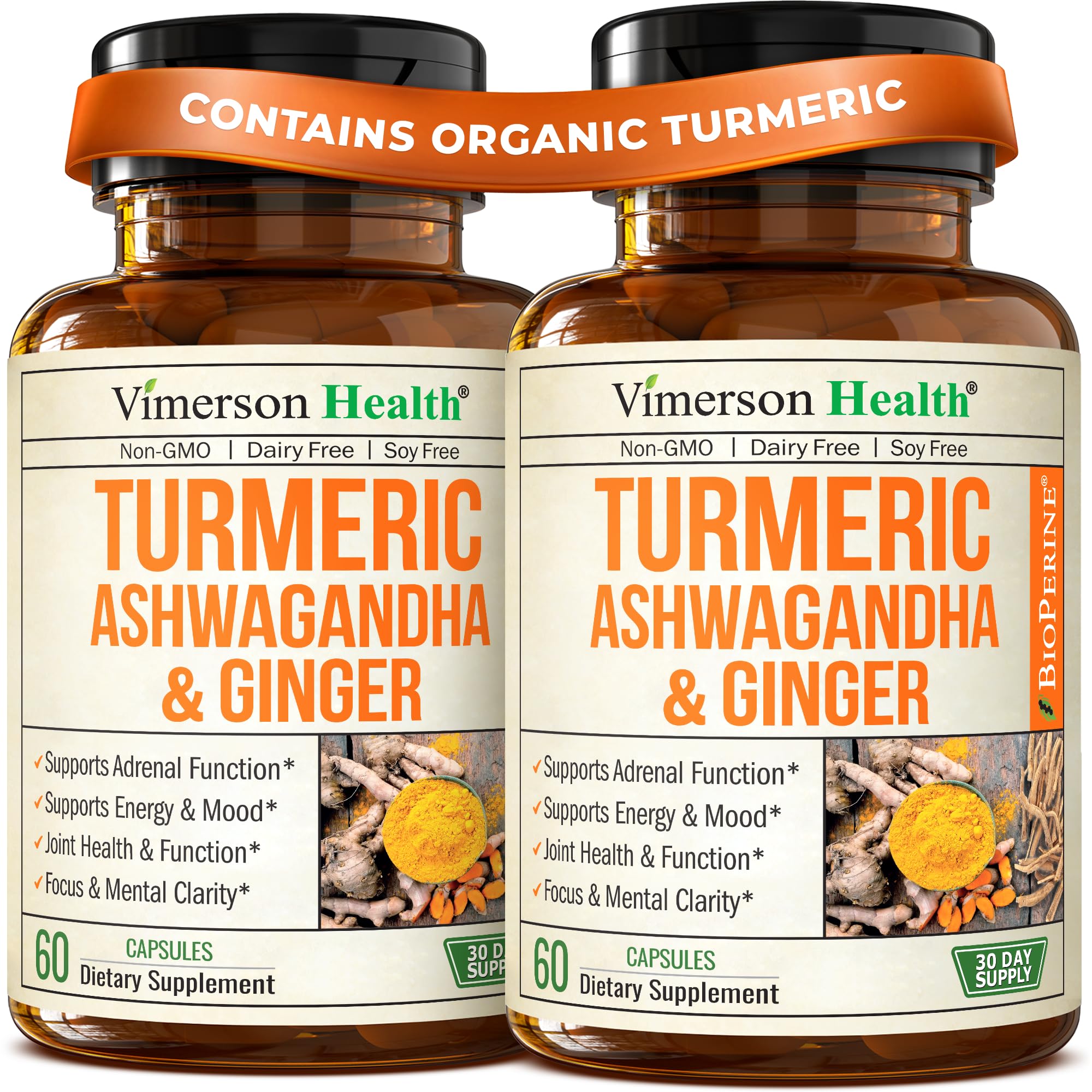 Front view of Ashwagandha Turmeric Curcumin Ginger 2-pack bottle