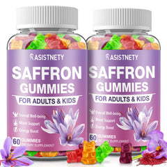 Bottle of ASISTNETY saffron gummies on white background
