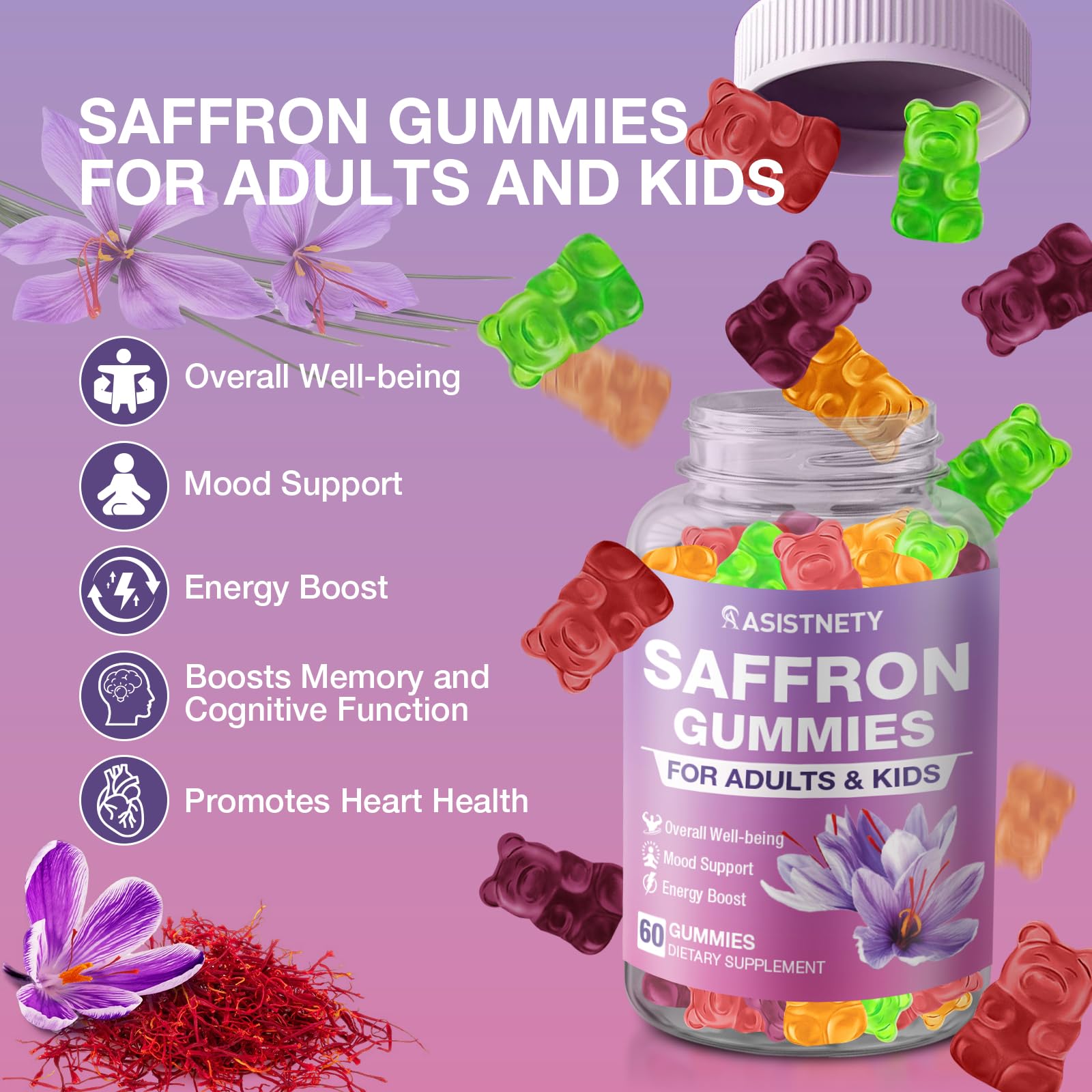 Assorted ASISTNETY saffron gummies with natural fruit flavors
