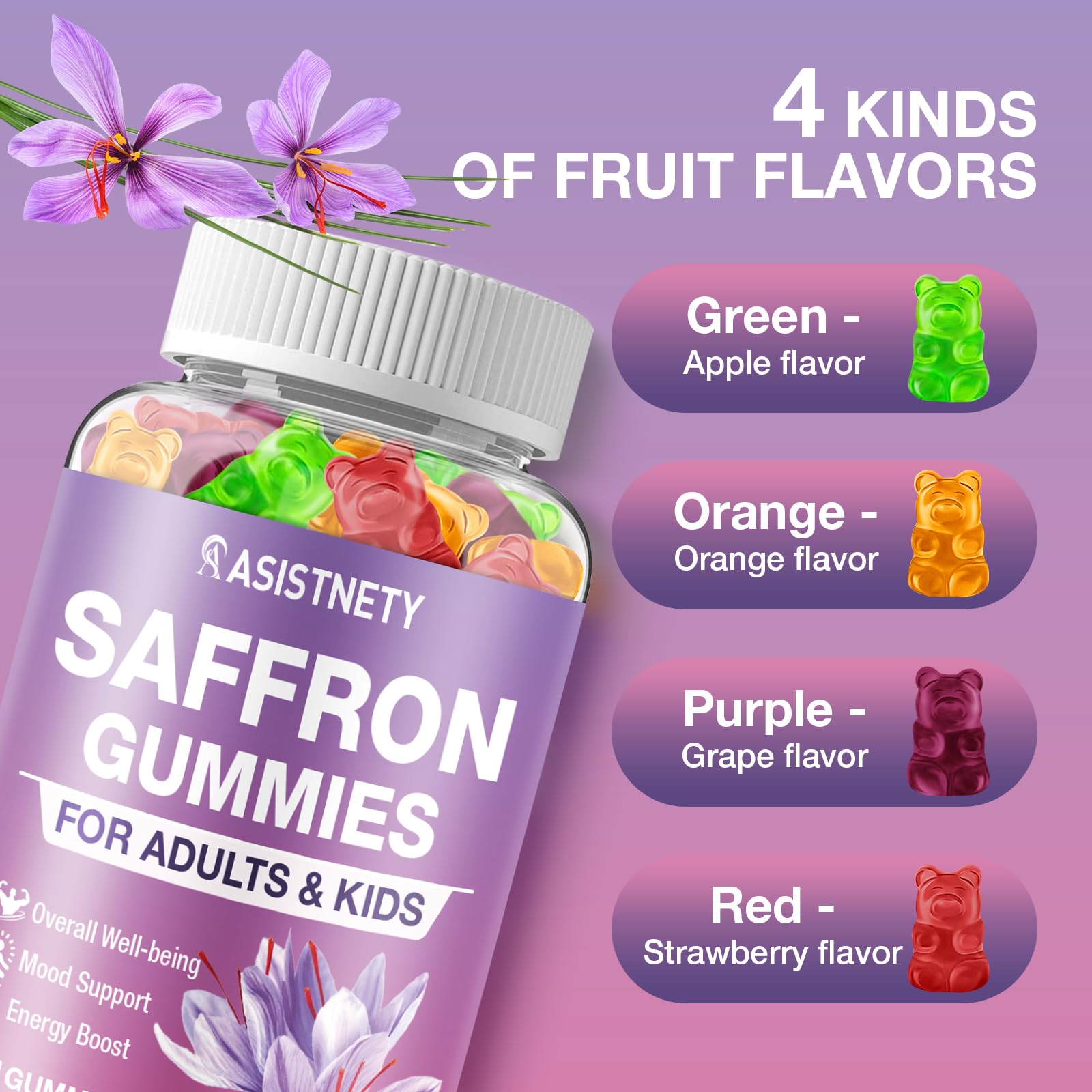 Label highlighting saffron, ashwagandha, St. John's Wort on gummies