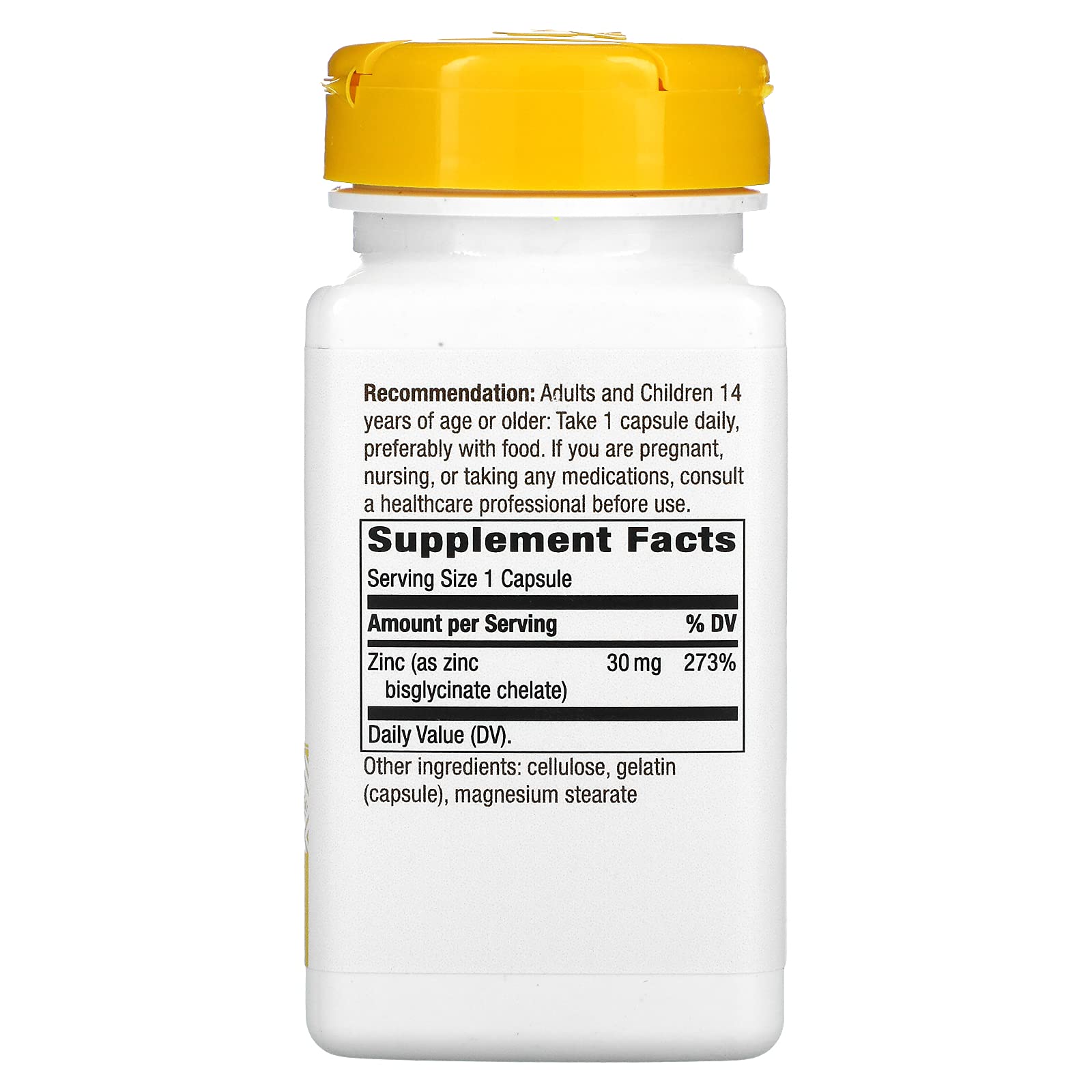 Nature's Way Zinc Chelate 30 mg supplement bottle label – 100 count