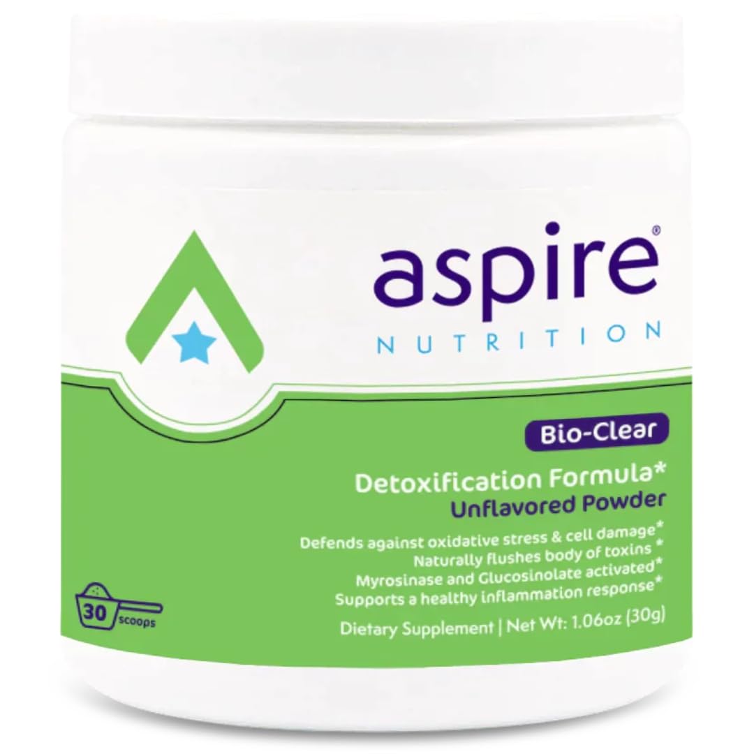 Aspire Nutrition Bio-Clear bottle highlights daily detox support for wellness goals.