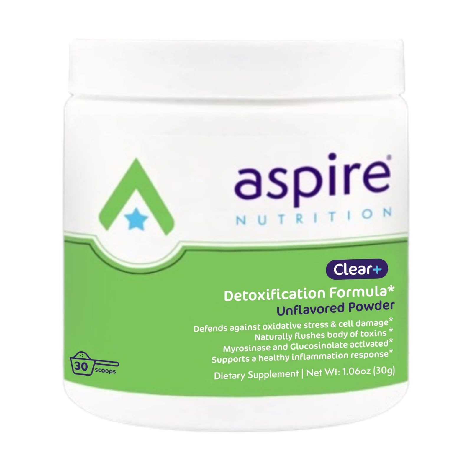 Aspire Nutrition Bio-Clear bottle highlights daily detox support for wellness goals.