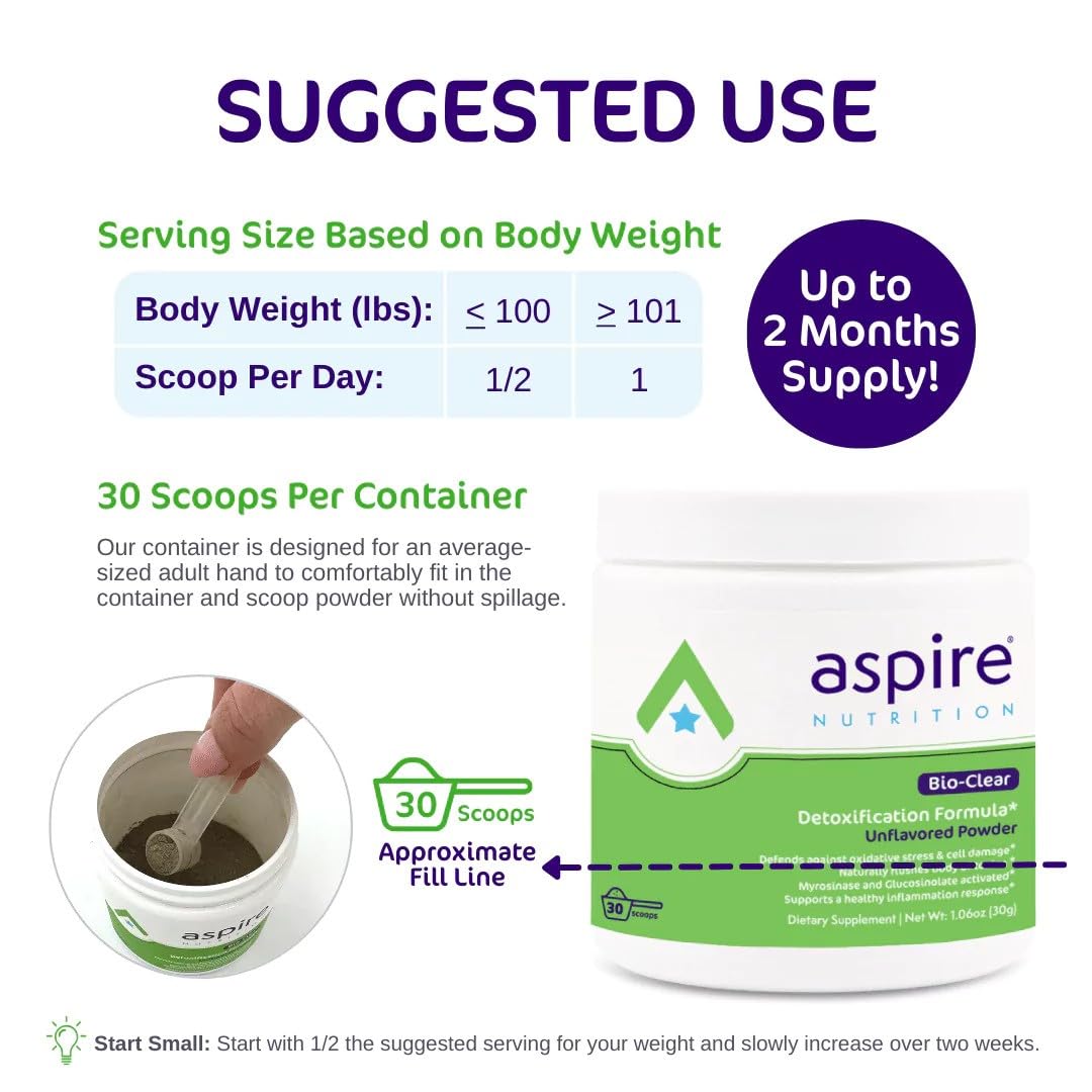 Aspire Nutrition Bio-Clear scoop emphasizes easy serving for consistent detox routines.