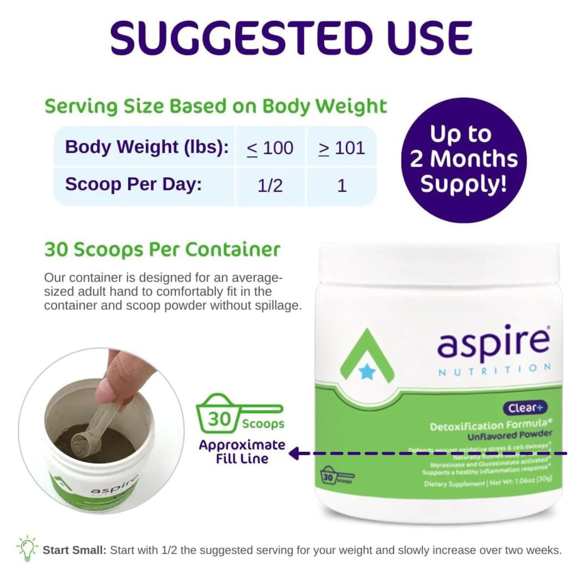 Aspire Nutrition Bio-Clear scoop emphasizes easy serving for consistent detox routines.