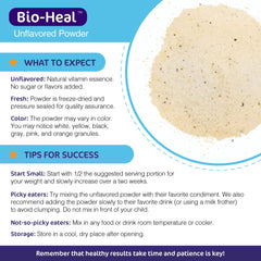 Bottle showing 60 servings of Bio-Heal probiotic
