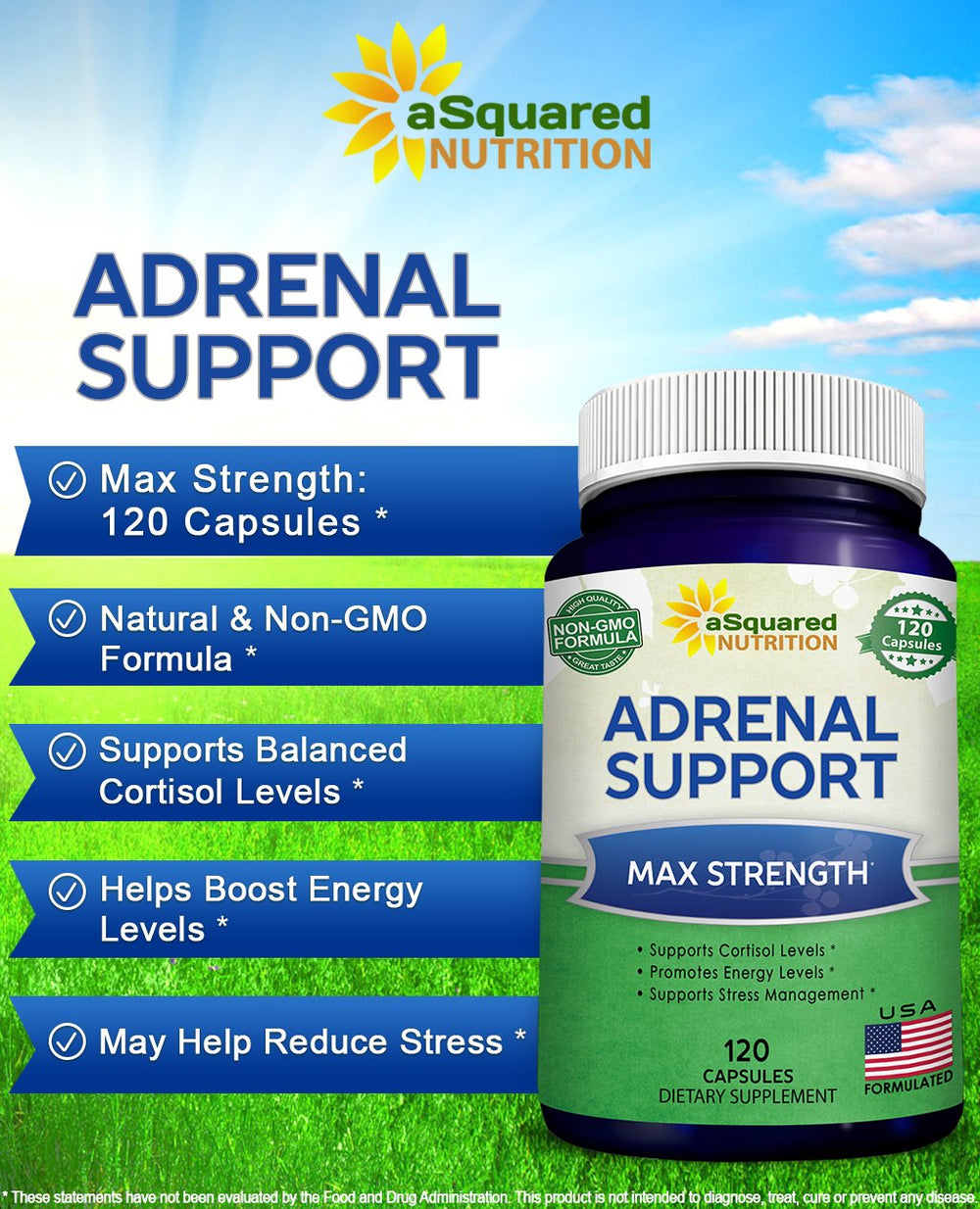 Close-up of supplement facts panel for Adrenal Support ingredients