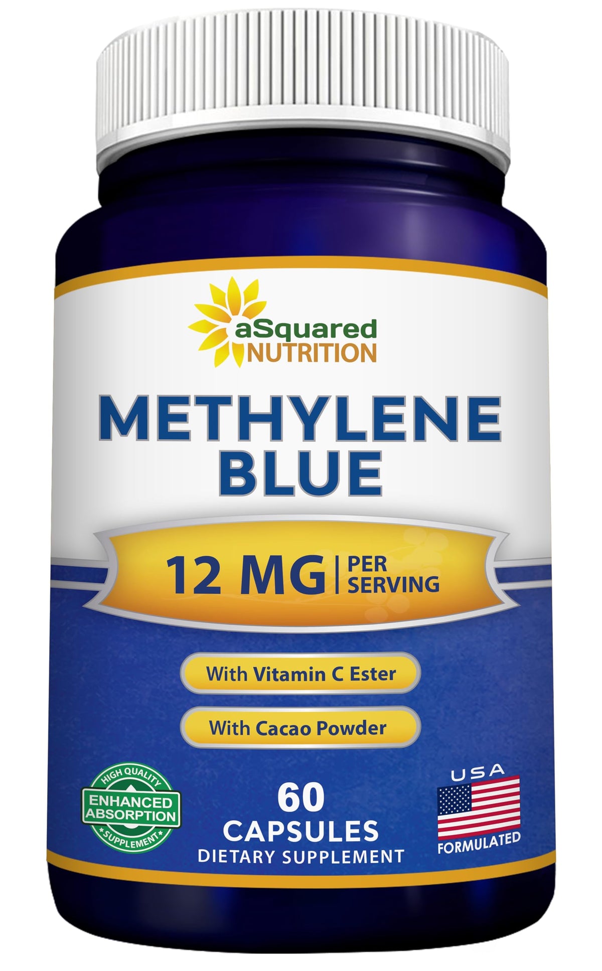 Product bottle and label for asquared nutrition Methylene Blue capsules (12mg, USP grade)