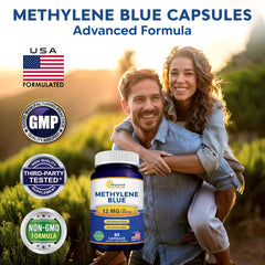 Close-up of asquared Methylene Blue capsules and label