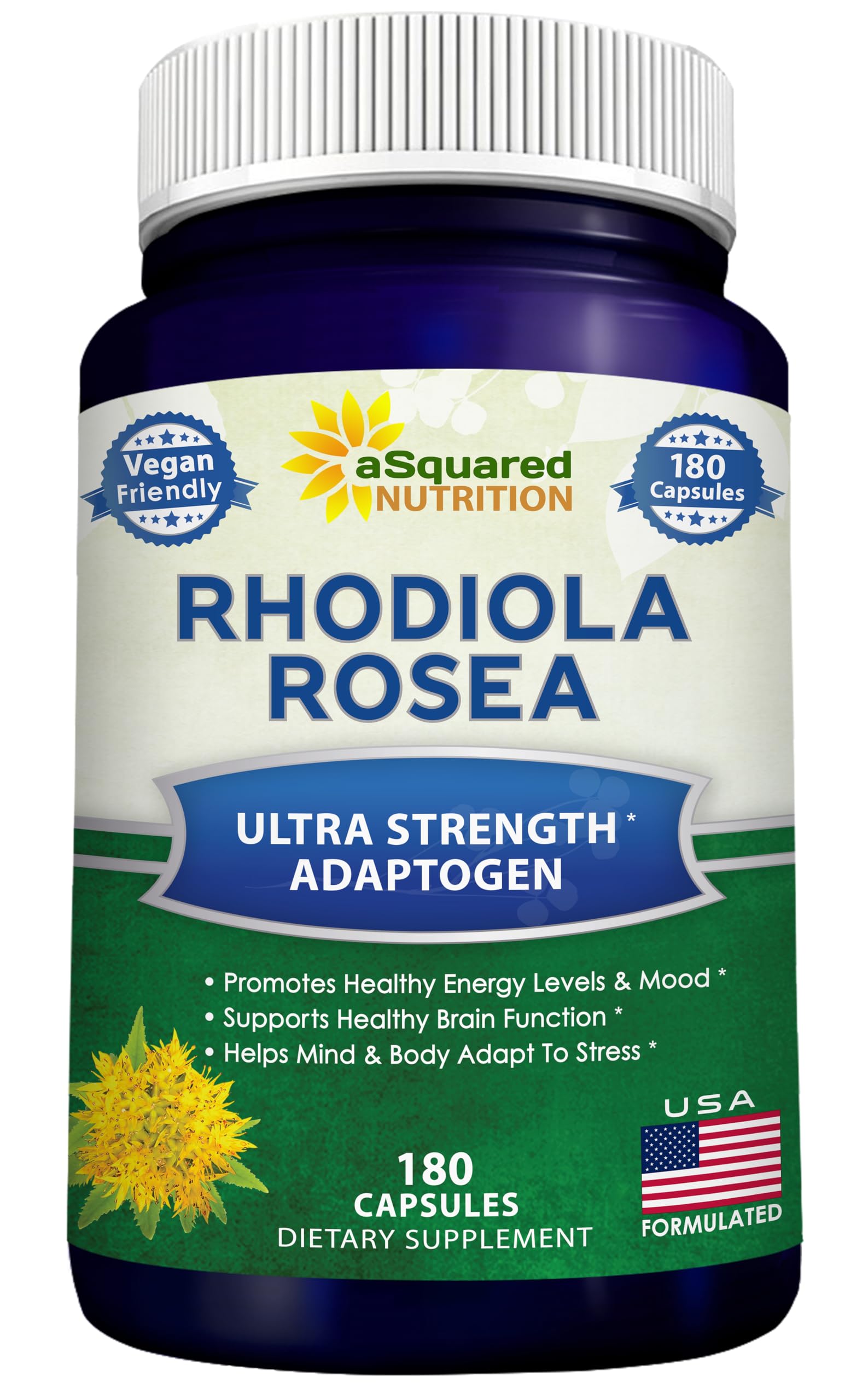 Bottle of aSquared Nutrition Rhodiola Rosea 1000mg vegan capsules