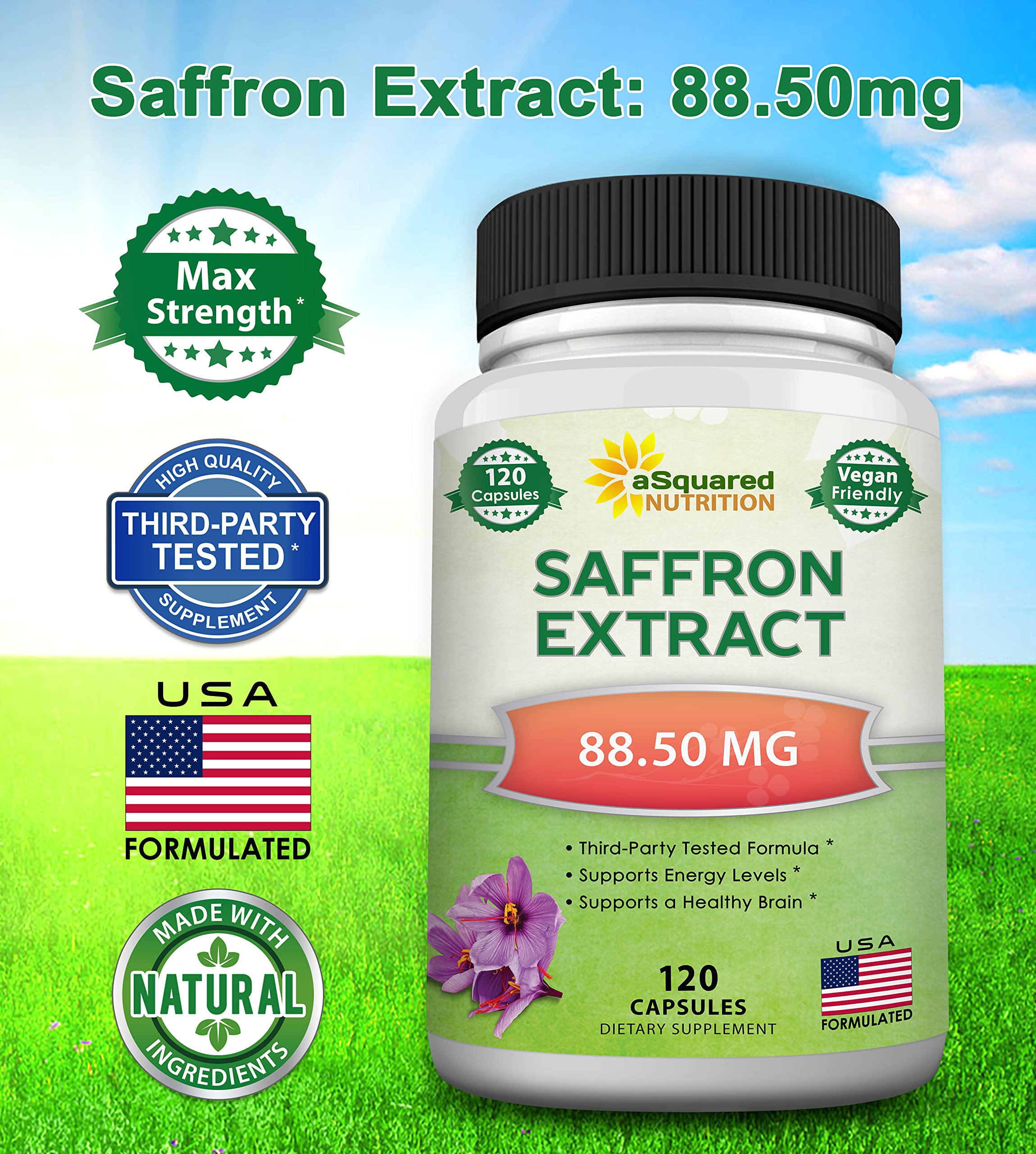 aSquared Nutrition saffron bottle pour demonstrates easy on the go capsule consumption.