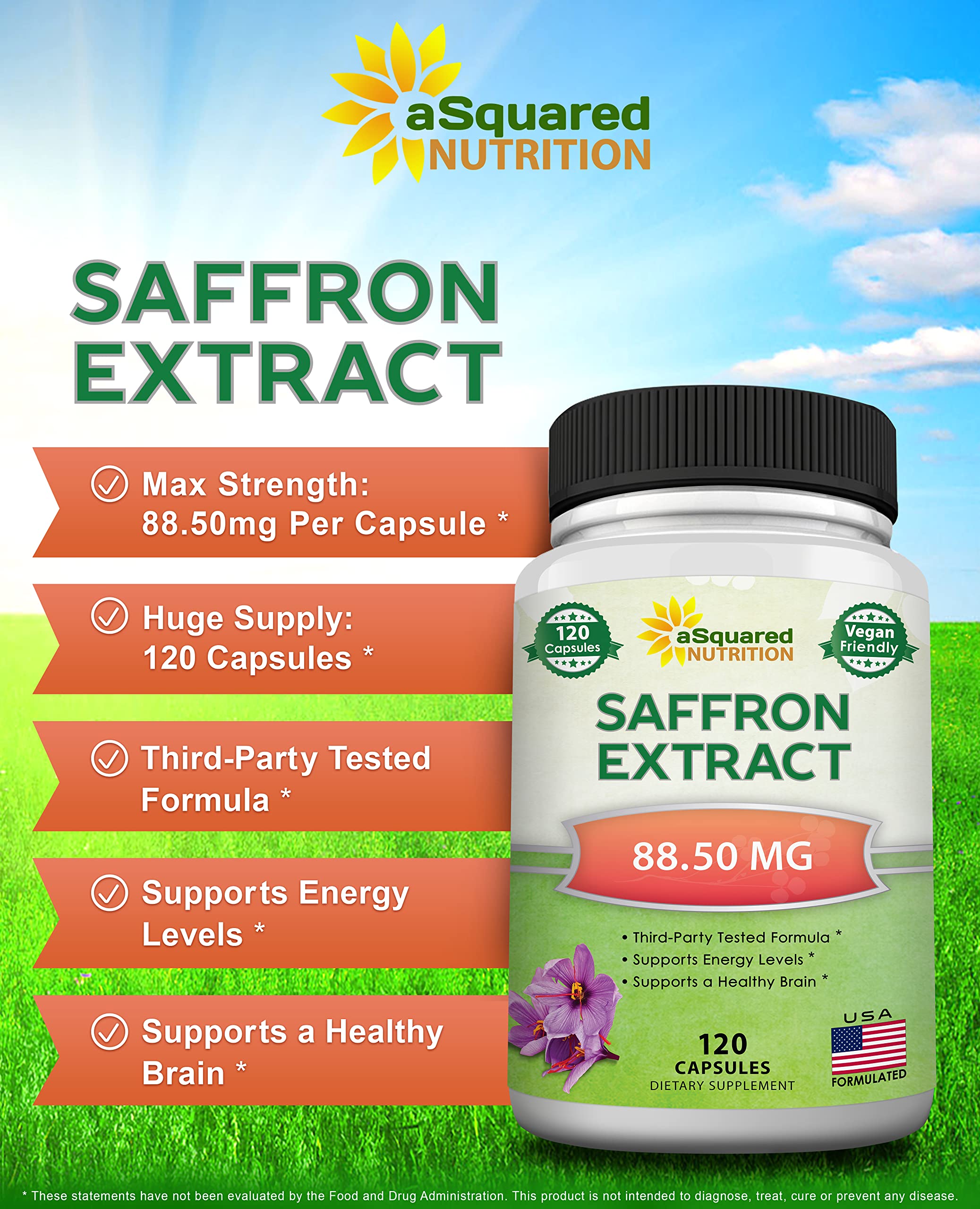 aSquared Nutrition saffron capsule closeup highlights 88.5 mg saffron extract per dose for convenience.