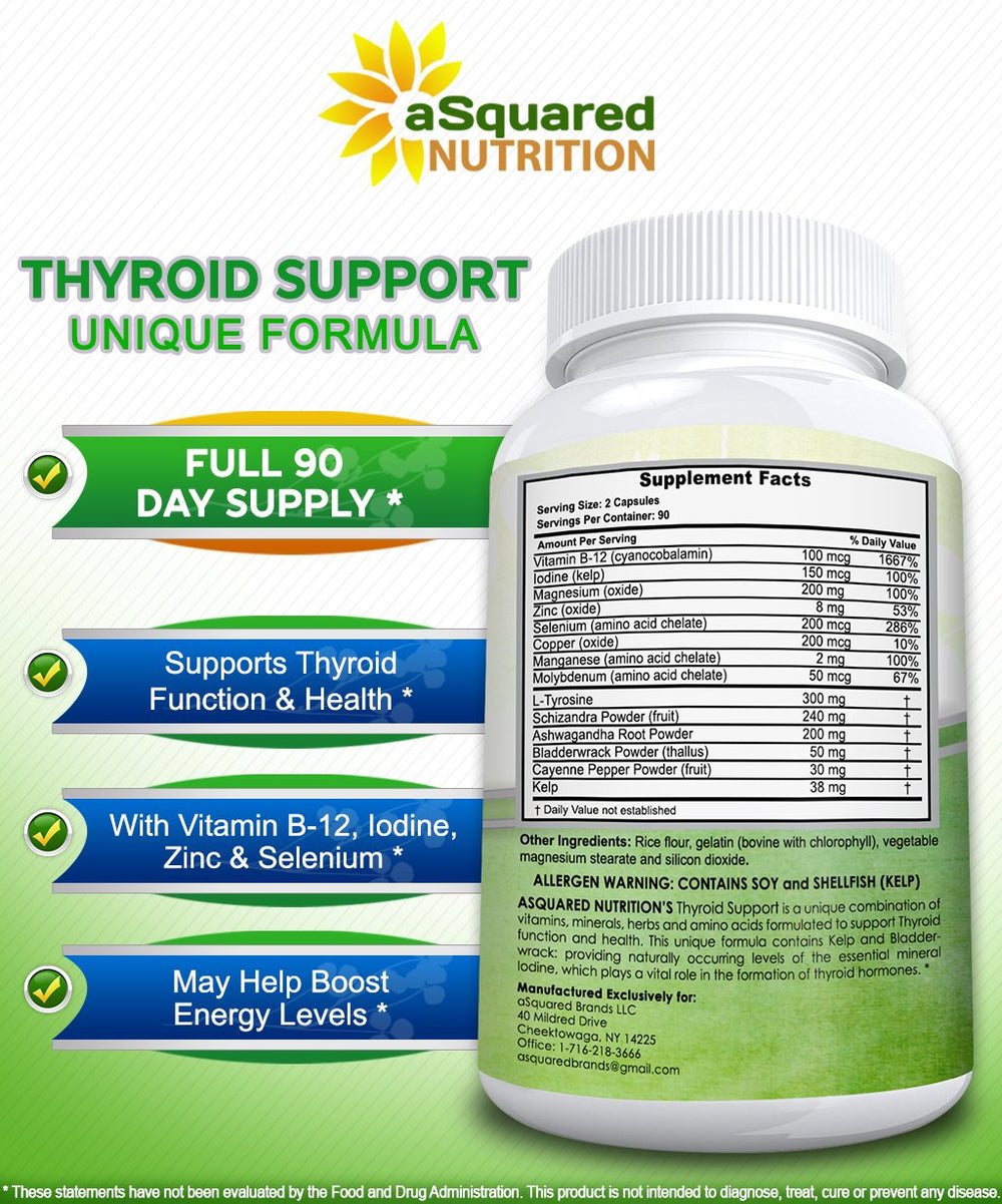 Key ingredients of aSquared Nutrition Thyroid Support including iodine kelp L-Tyrosine and Ashwagandha