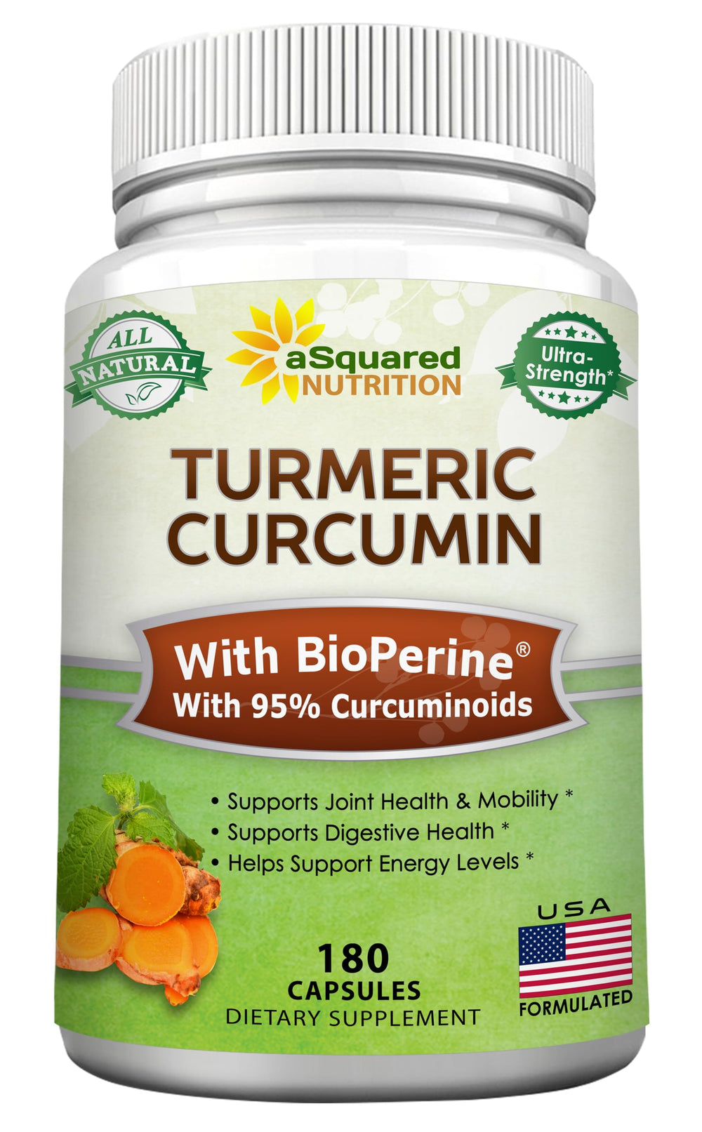 aSquared Nutrition Turmeric Curcumin 1600mg bottle with BioPerine – front view