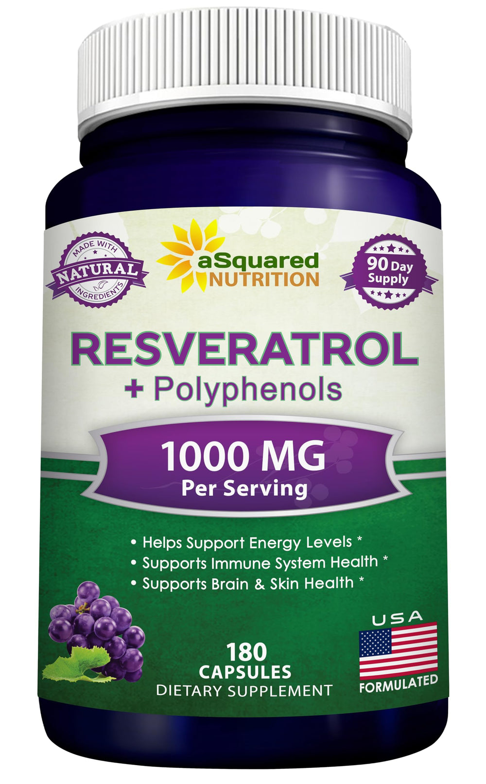 Front view of aSquared Nutrition Trans-Resveratrol bottle