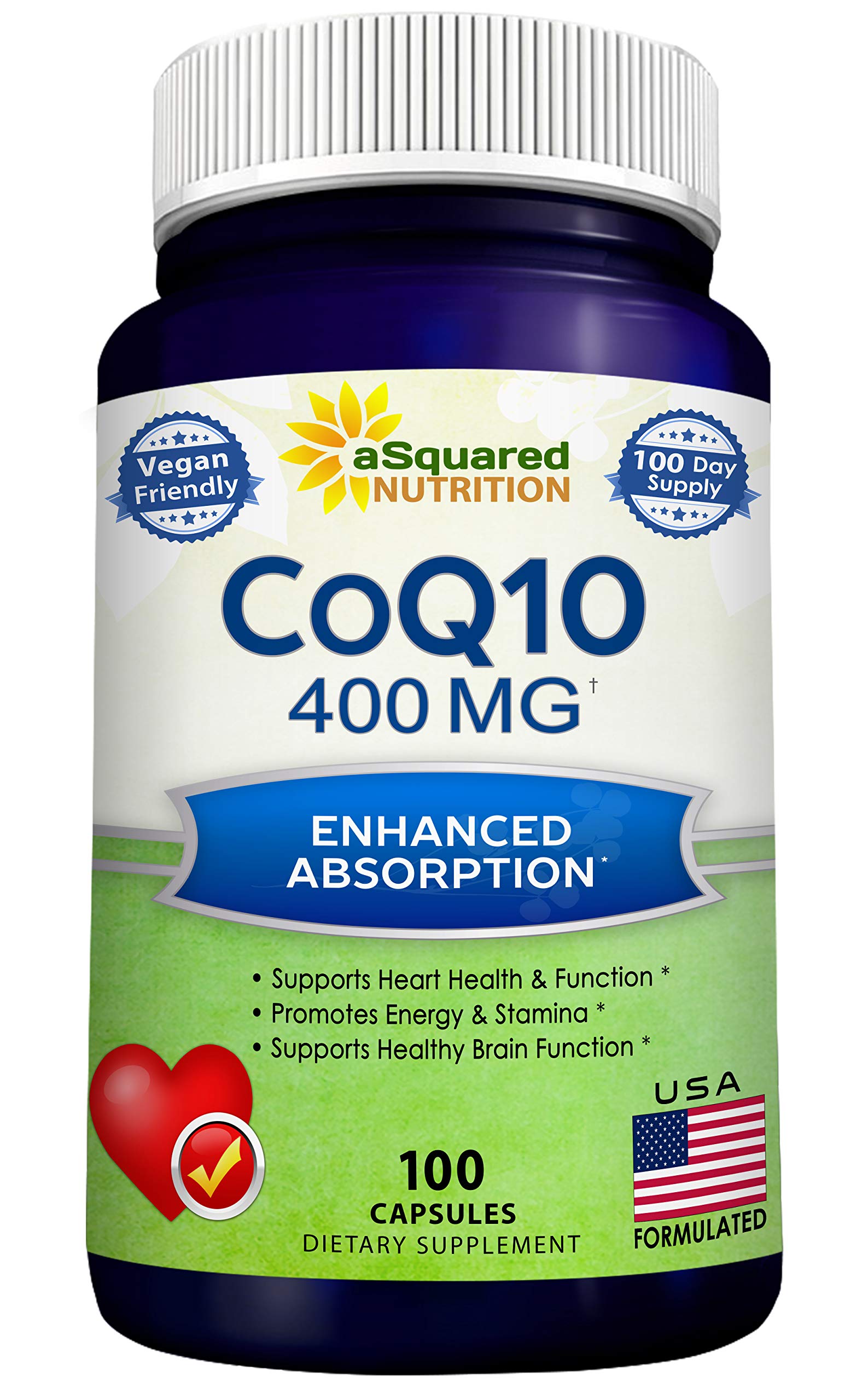 aSquared CoQ10 400mg max strength bottle with 100 veggie capsules