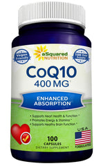 aSquared CoQ10 400mg max strength bottle with 100 veggie capsules