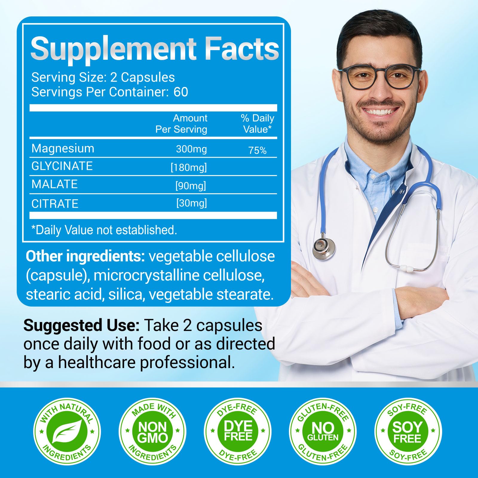 Graphic illustration of three magnesium forms: glycinate, malate, and citrate