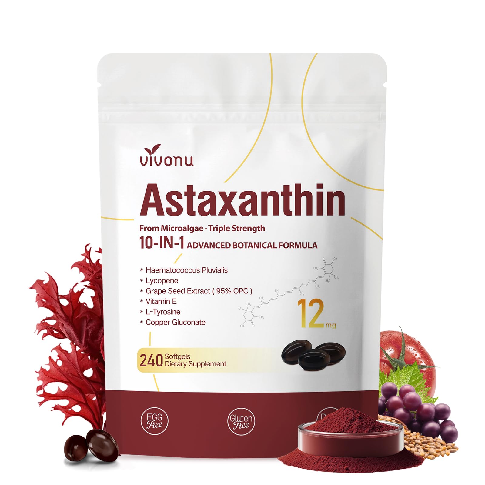 Front view of Astaxanthin 12mg 240 softgels bottle – 1 bag
