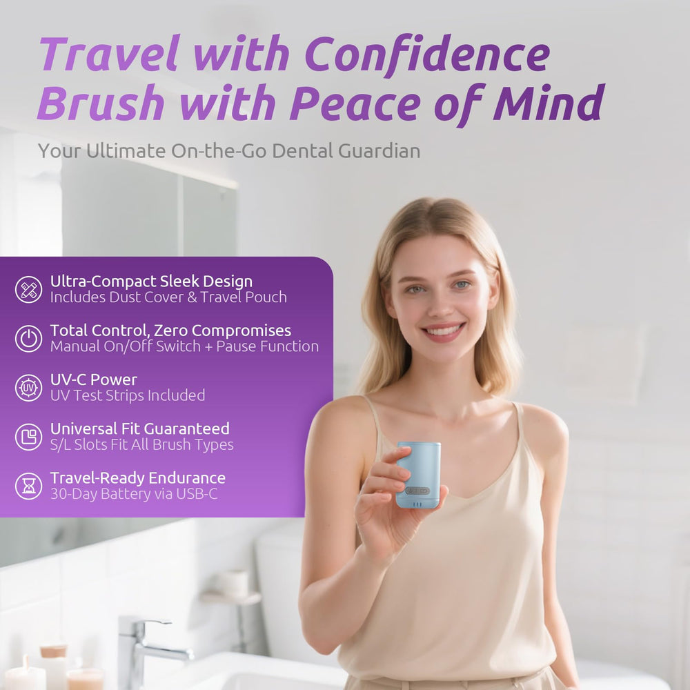 Blue portable toothbrush cleaner ready for travel