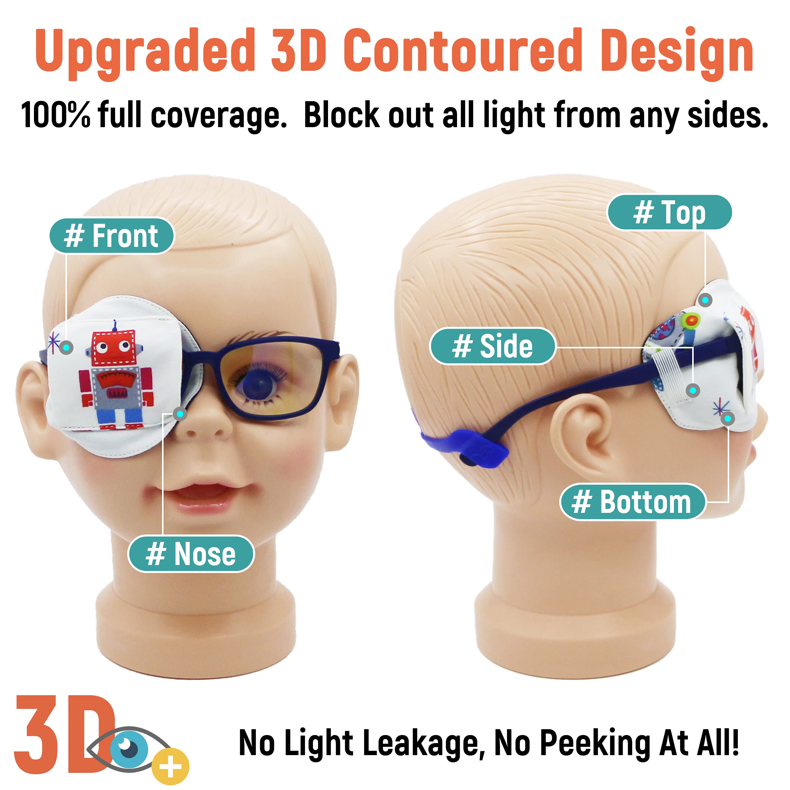 Close-up of 3D contoured eye patch with Red Robot design