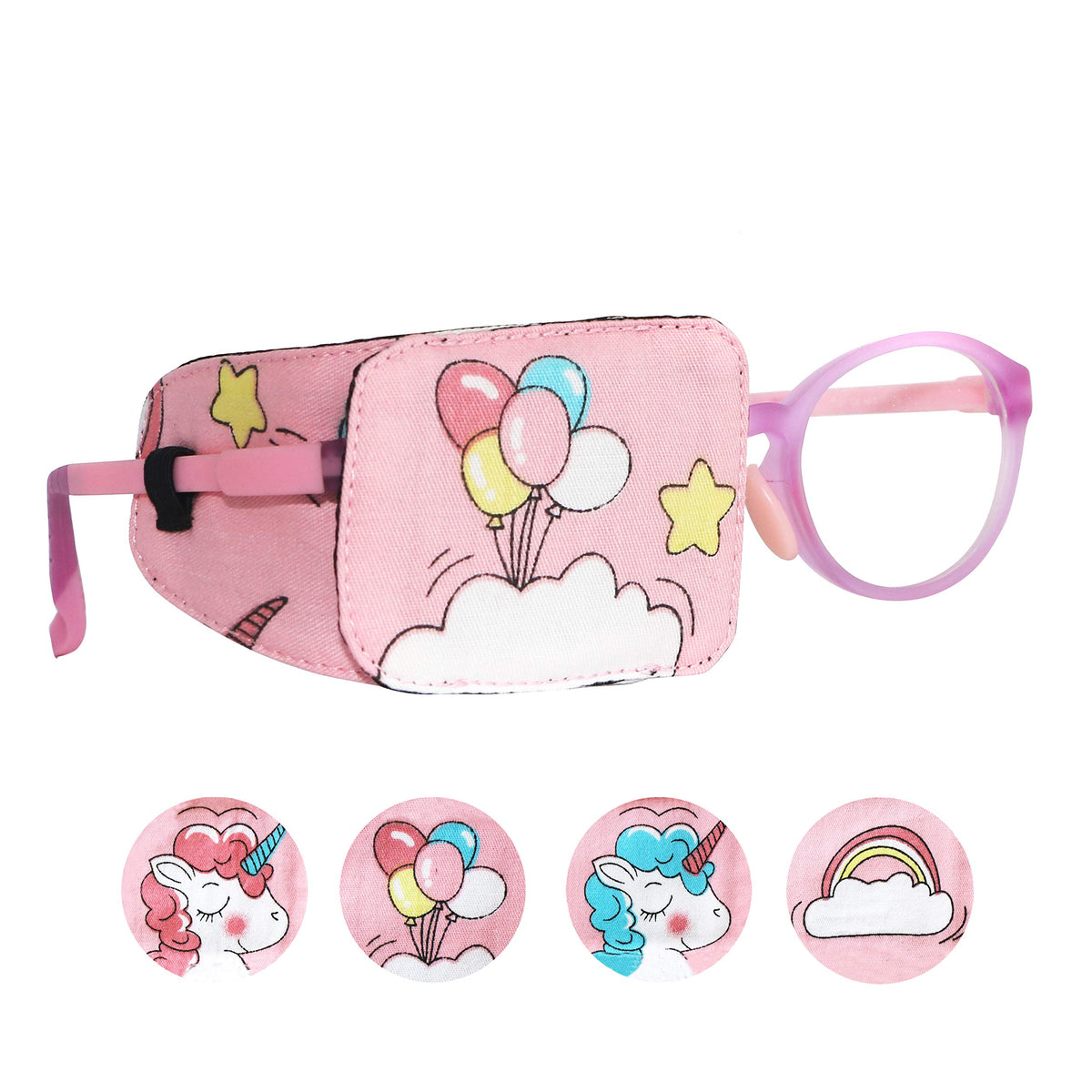 Front view of Astropic cotton & silk eye patch for kids with balloon right eye design.