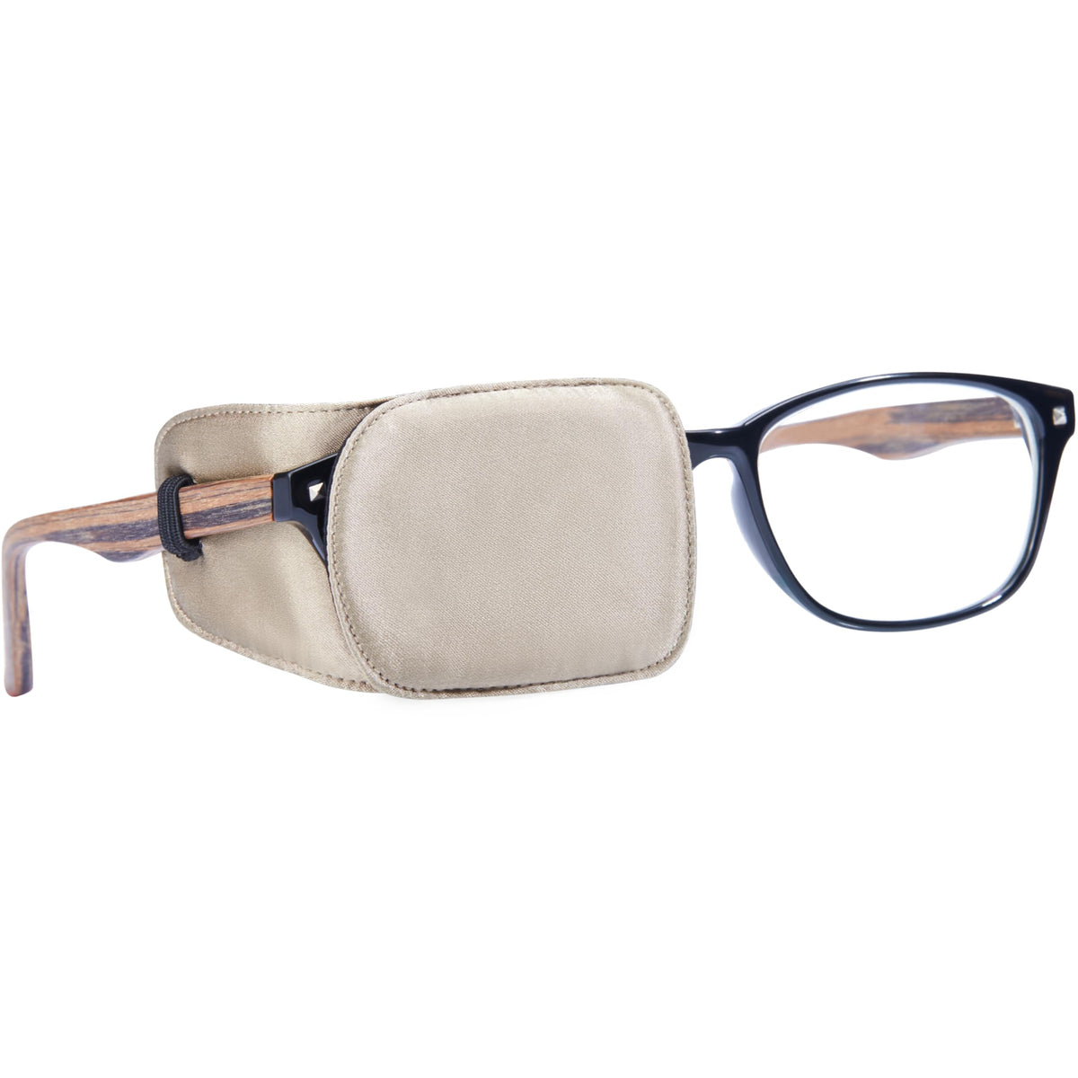 Astropic Silk Eye Patch khaki worn over glasses (front view)