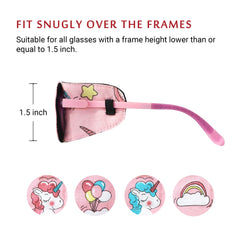 Left-eye patch worn by a child wearing glasses