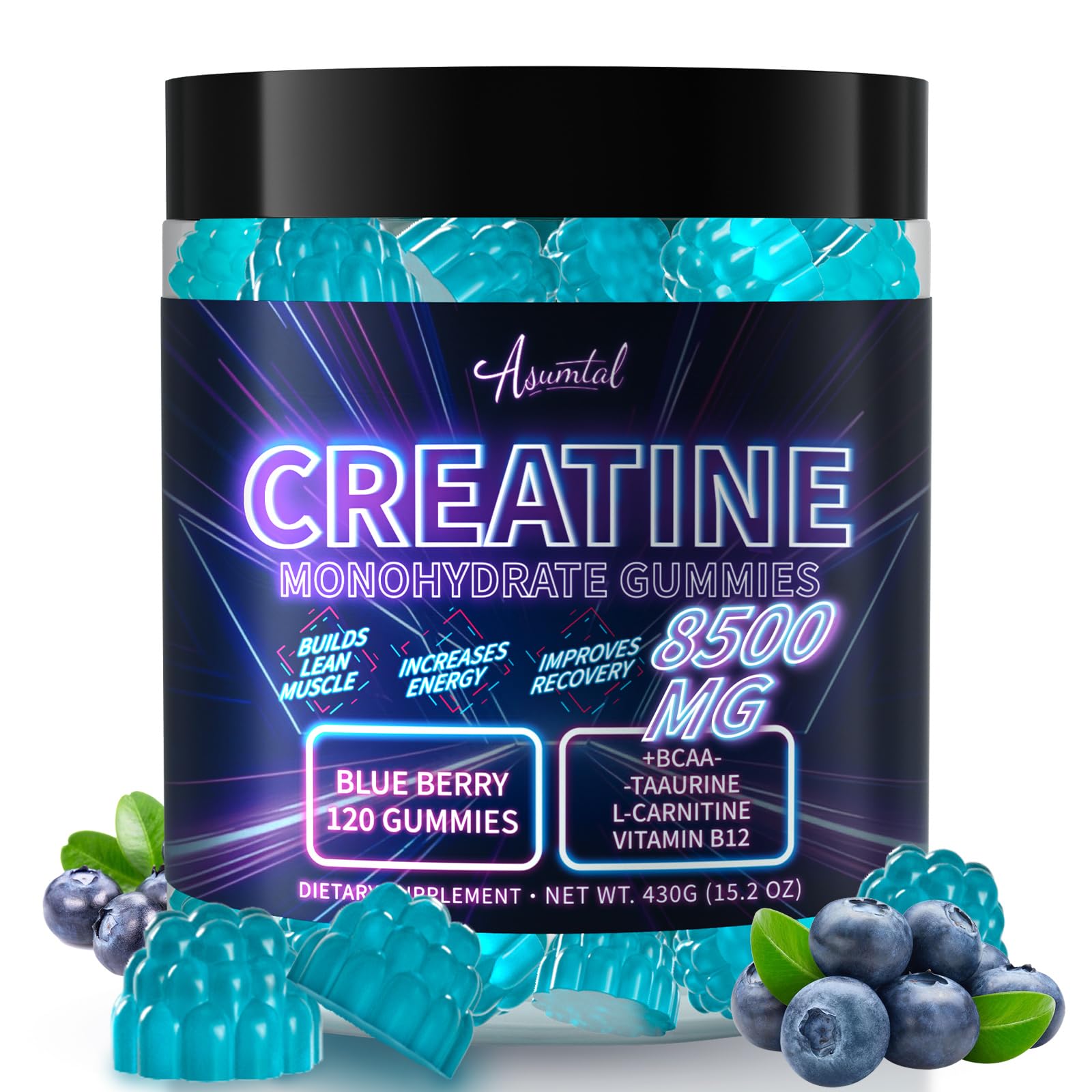 Asumtal Creatine Monohydrate Gummies Blueberry – 120 Count bottle front view