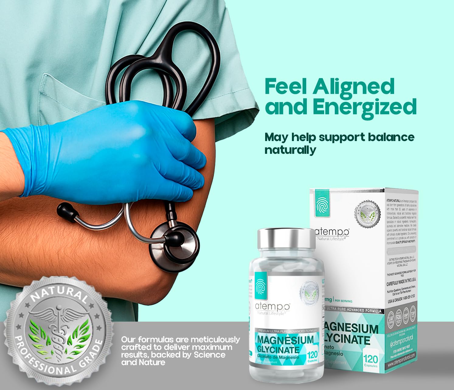 Front view of Atempo magnesium glycinate bottle with 120 capsules