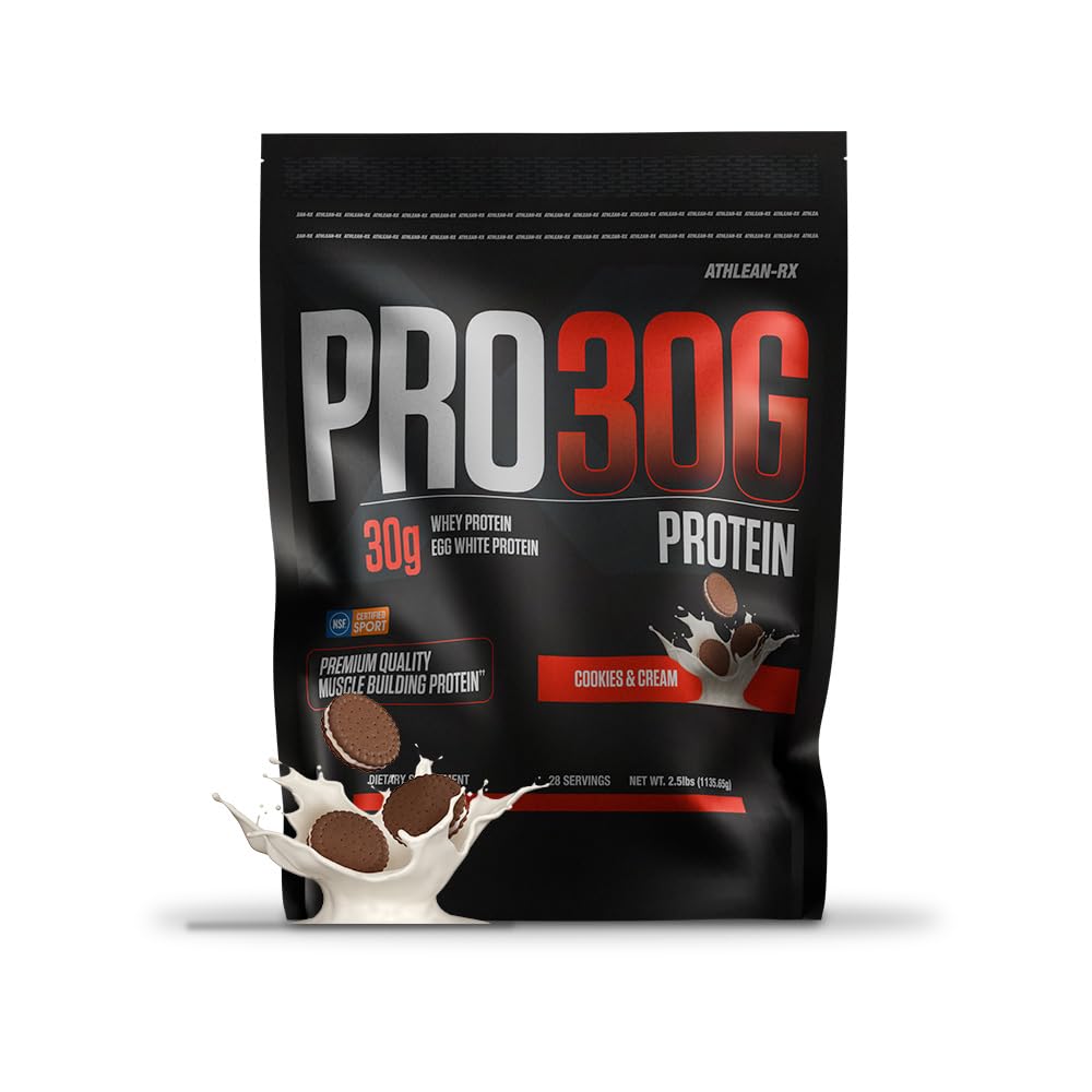 ATHLEAN-RX PRO-30G cookie-cream tub front supports post-workout recovery with premium whey protein