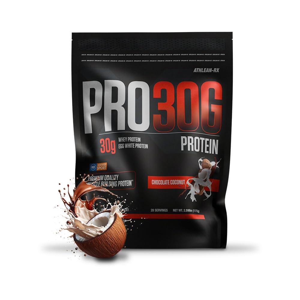 ATHLEAN-RX PRO-30G tub closeup highlights high-protein formula for muscle recovery.